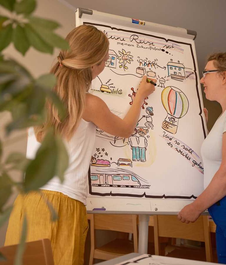 Eine Frau erklärt Inhalte auf einem Whiteboard, eine Person hört aufmerksam zu.