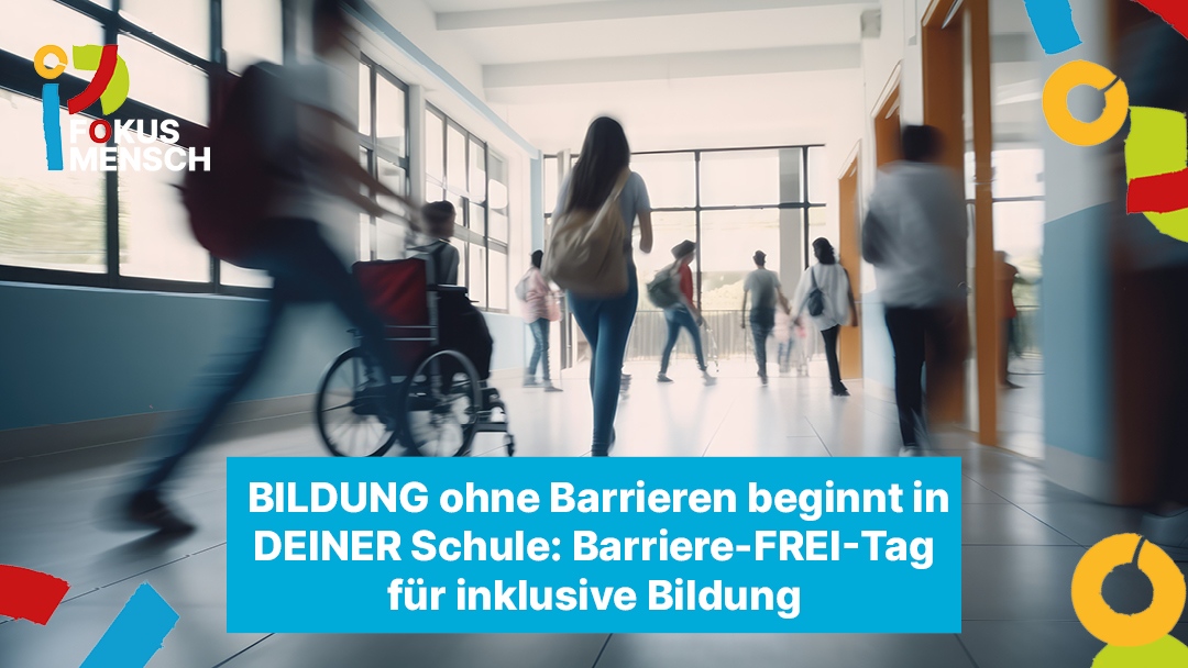 Schulgang mit Menschen, die gehen, ein Rollstuhlfahrer ist mit dabei