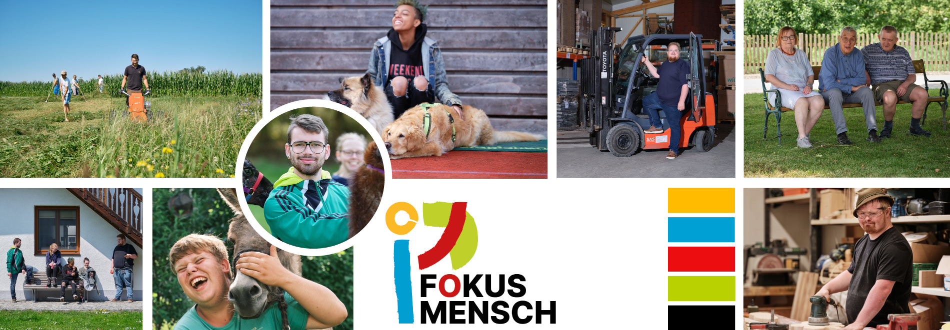 Foto-Collage mit Menschen und Logo von "Fokus Mensch"