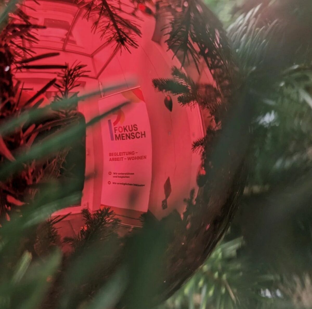 rote Weihnachtskugel, in der sich Logo von "Fokus Mensch" spiegelt