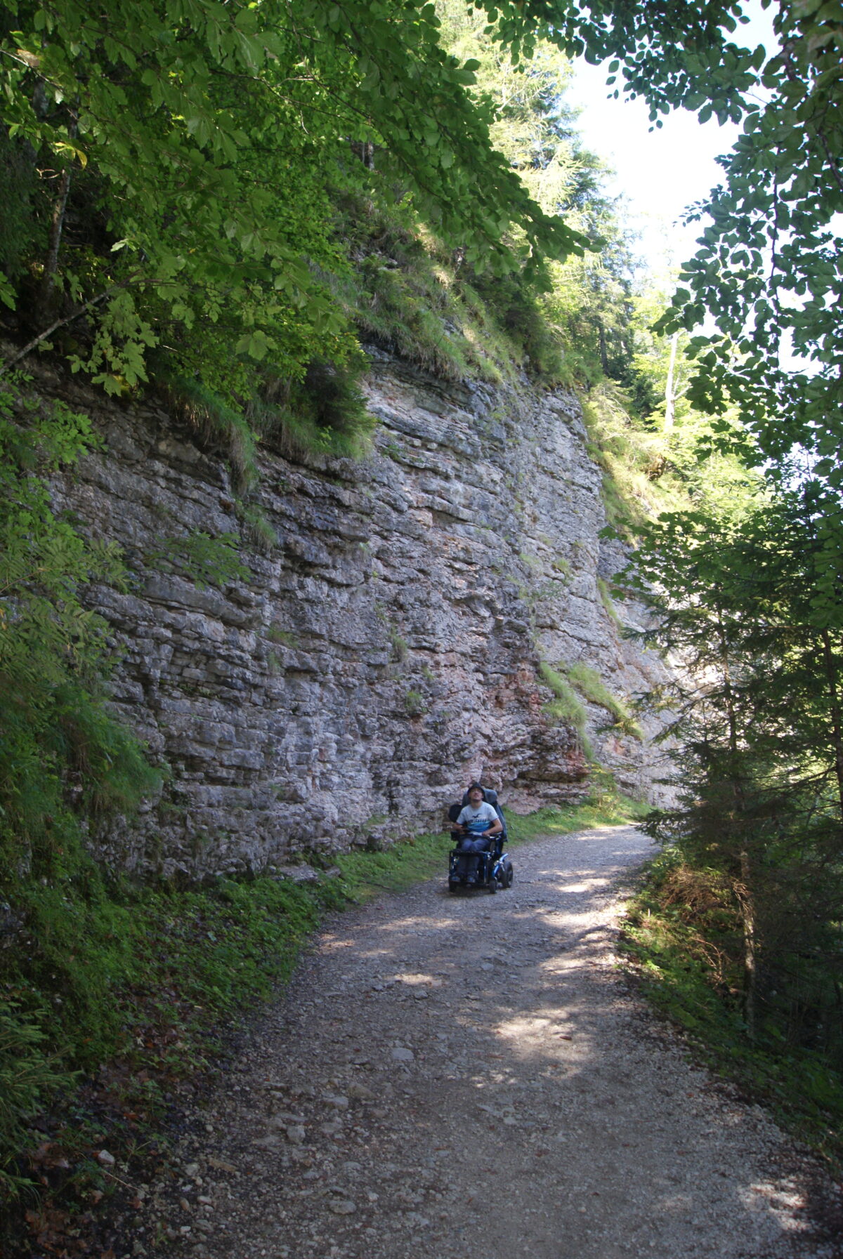 Mann im Rollstuhl auf Wanderweg, seitlich ist eine Felswand