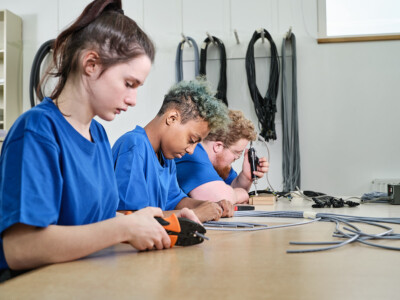 drei junge Menschen arbeiten bei Tisch in der Kabelwerkstatt